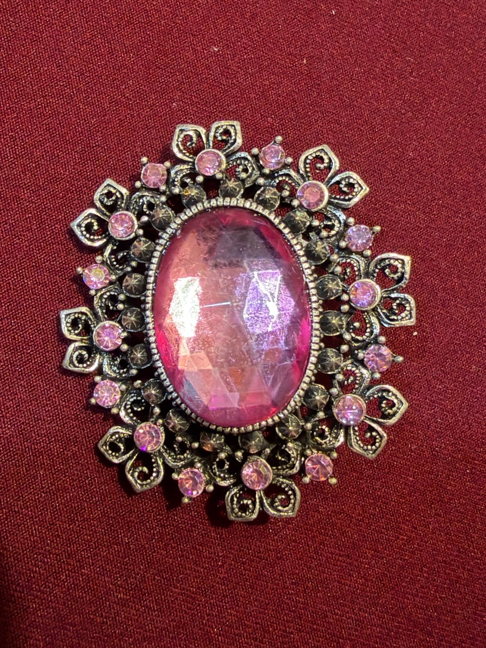 Large pink rhinestone brooch, oval  faceted stone antique silver tone statement